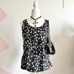 Black Bow Asymmetrical Tiered Top, Coquette, Lolita, J-fashion, Harajuku, Small‎